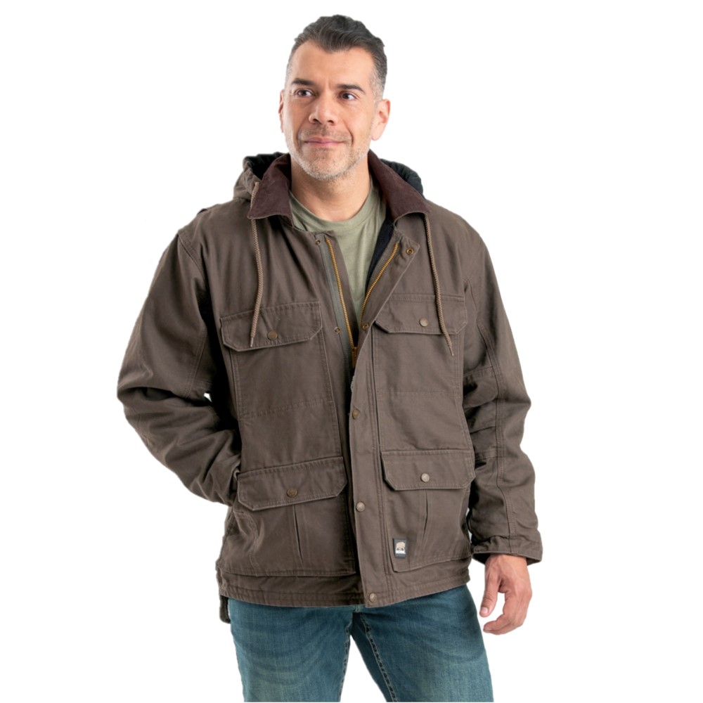 Berne Men's Heartland Washed Duck Zip-Off Hooded Coat, Dark Khaki