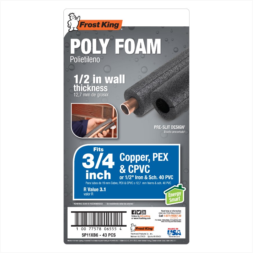 Frost King 6' x 1/2\" Pipe Insulation, Fits 3/4\" Copper Pipe And 1/2