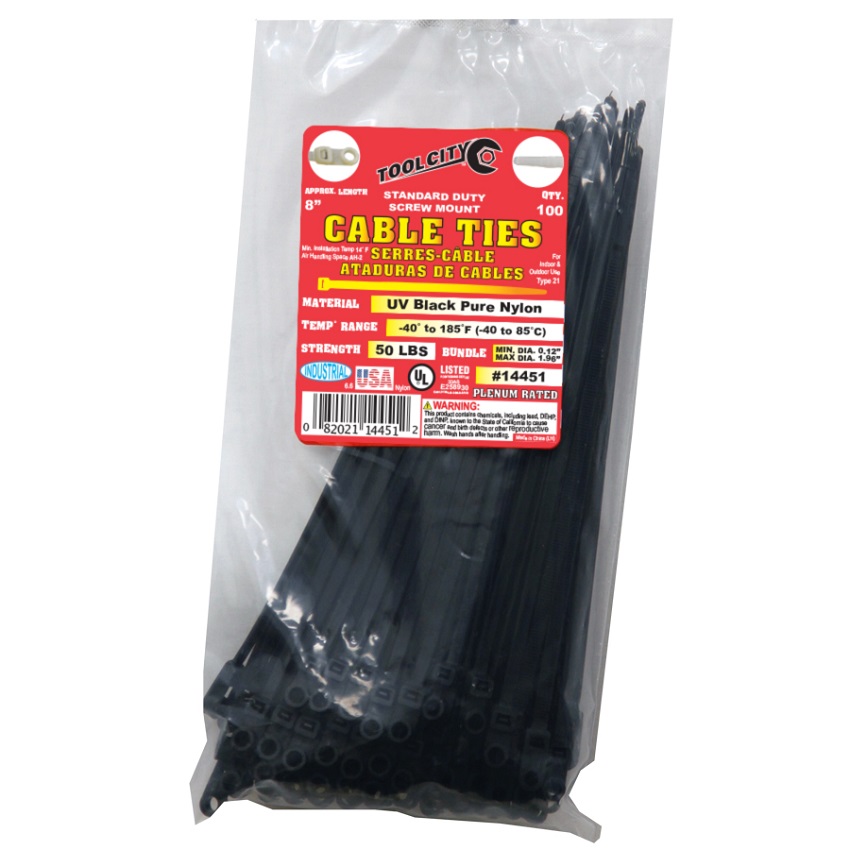Tool City Black 8\" 50 lb. Tensile Standard Duty Screw Mount Cable Ties