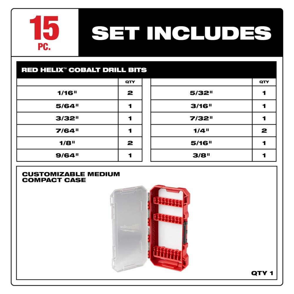 Milwaukee RED HELIX™ Cobalt Drill Bit Set, 15 Piece Set - 48-89