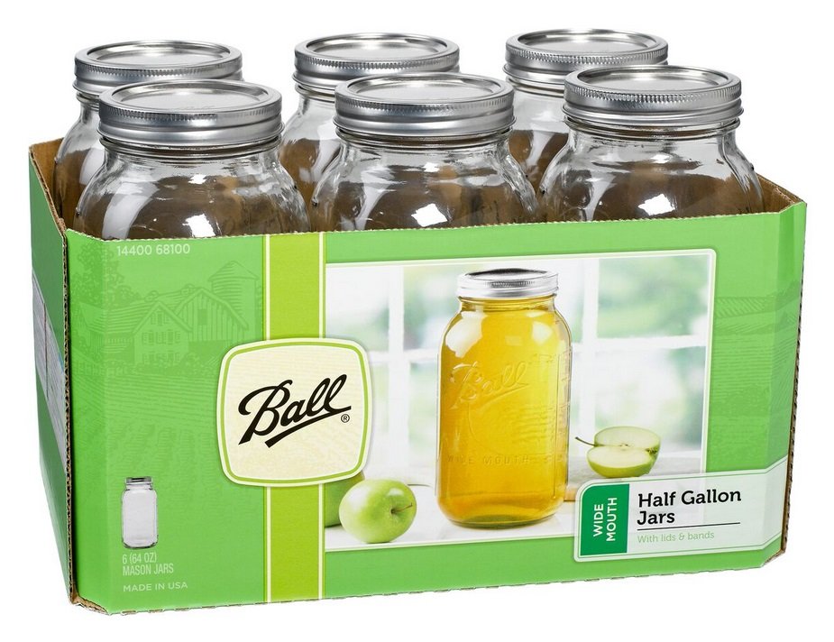 Ball 1/2 Gallon Size Wide Mouth 64 oz. Mason Canning Jars, 6 Pack - 68100