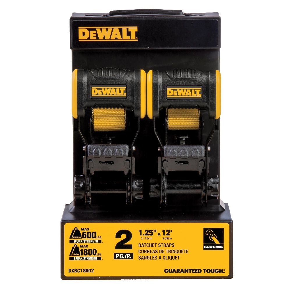 DEWALT 3300 Lb Break Strength Ratchet Tie Down Straps - 1.5" X 16', 4 Pack With J-Hooks