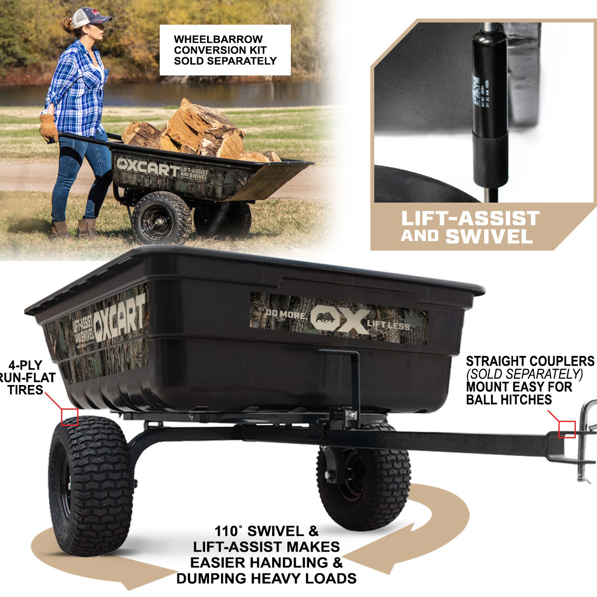 OxCart Pursuit Ambush Camo Lift Assist and Swivel Dump Cart with